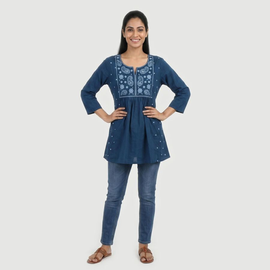 Women's Navy Blue Cotton Notch Neck Embroidered Kurti, Dark Blue, large