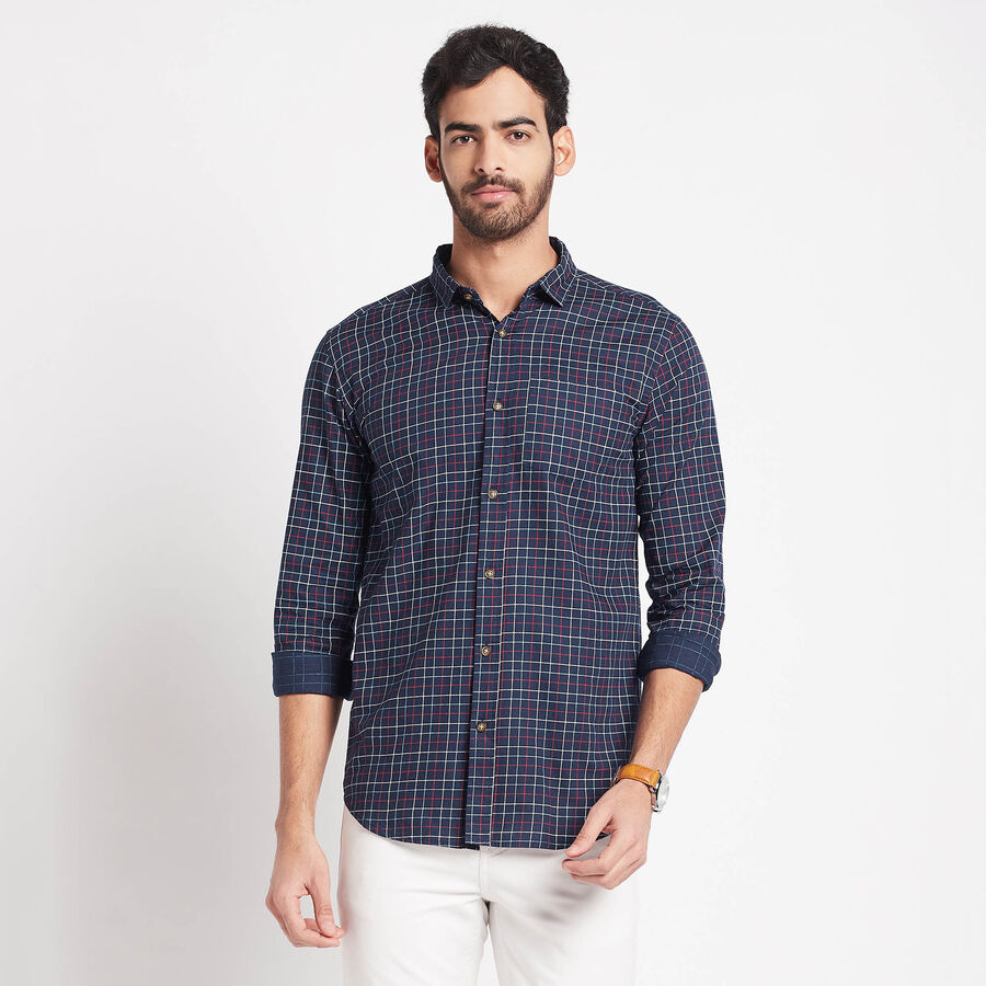 Cotton Checks Casual Shirt, Navy Blue, large image number null