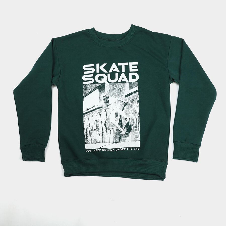 Boys' Green Crew Neck Pullover Sweatshirt, गहरा हरा, large
