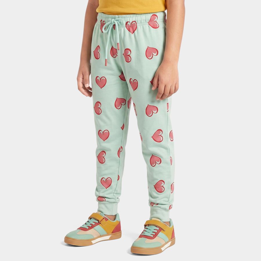 Girls' Mint Green Jogger Heart Printed Pyjama, हल्का हरा, large