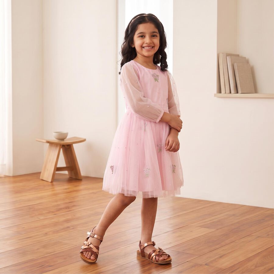Girls' Pink Fit and Flare Embroidered Party Wear Frock, Light Pink, large