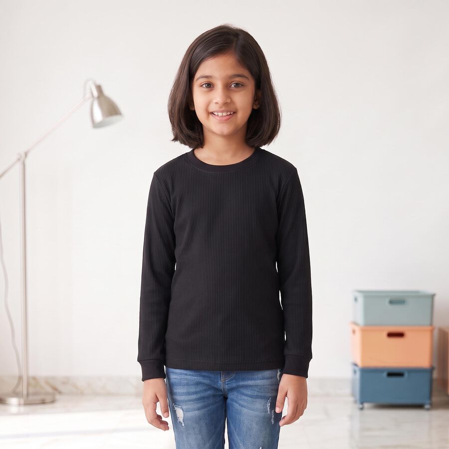 Girls' Black Long Sleeve Thermal, काला, large