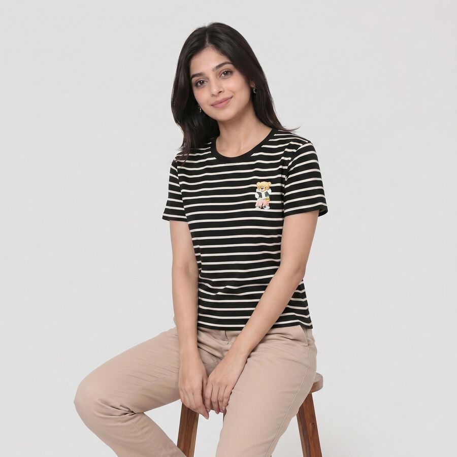 Women Black Round Neck Regular T-Shirt, काला, large
