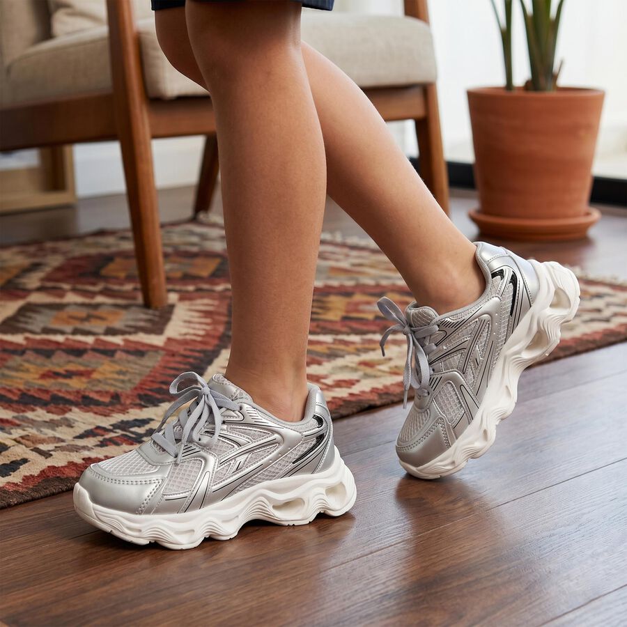 Boys Silver Lace-Up Sneakers, Silver, large