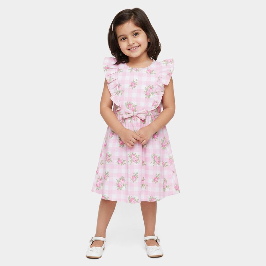 Girls' Pink Floral Printed Ruffled Sleeveless Frock, Light Pink, large