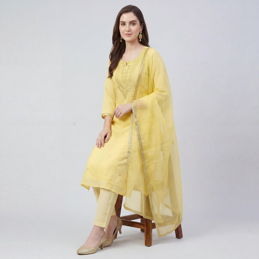 Women's Yellow Notch Neck Printed Straight Kurta, Yellow, large