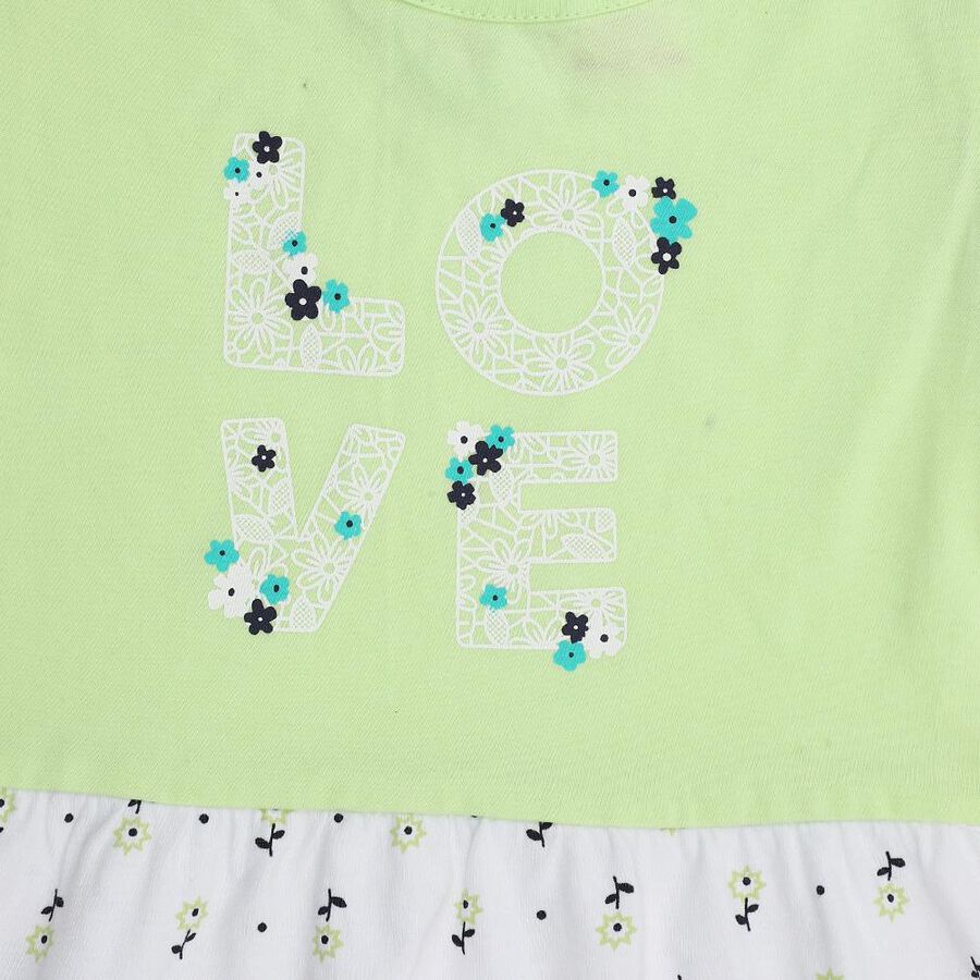 Infants' Light Green and White Floral Printed Cotton Casual Frock, Light Green, large image number null