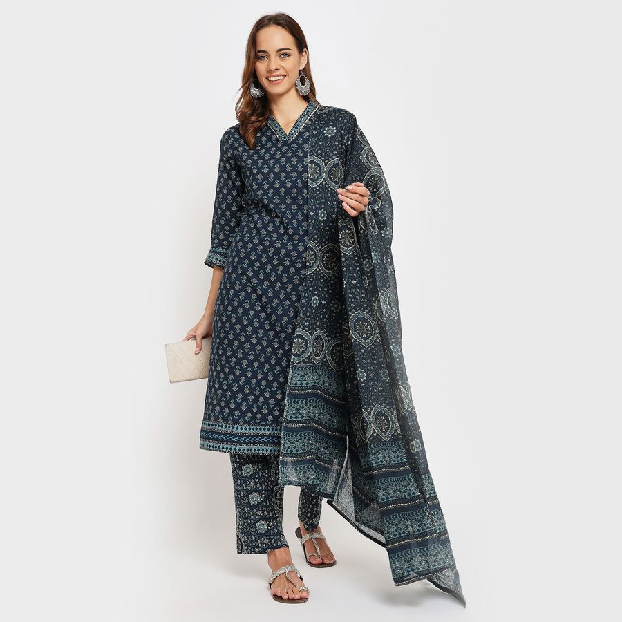 Ladies' 100% Cotton Ethnic Set, Dark Blue, large image number null
