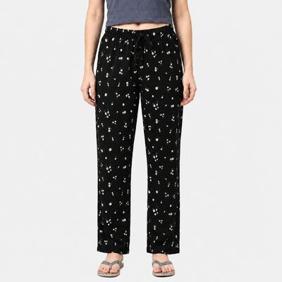 Women's Black Straight Fit Floral Printed Drawstring Pyjama