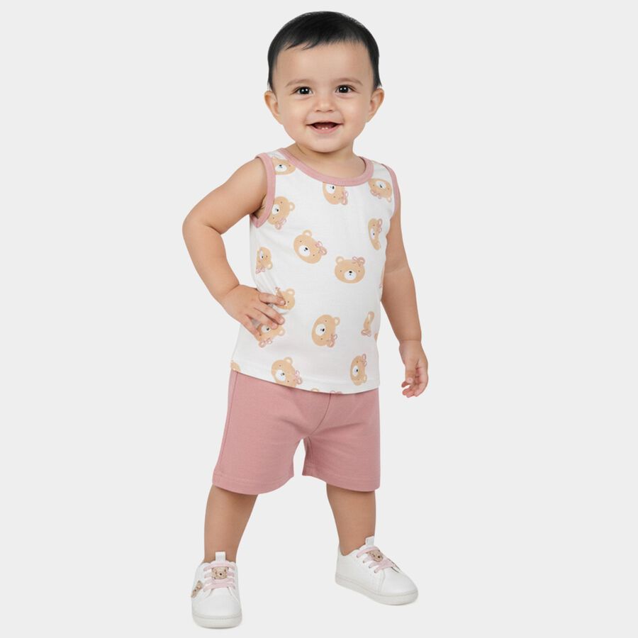 Infant Girl Pink Cotton Sleeveless Bear Print Shorts Set, Light Pink, large