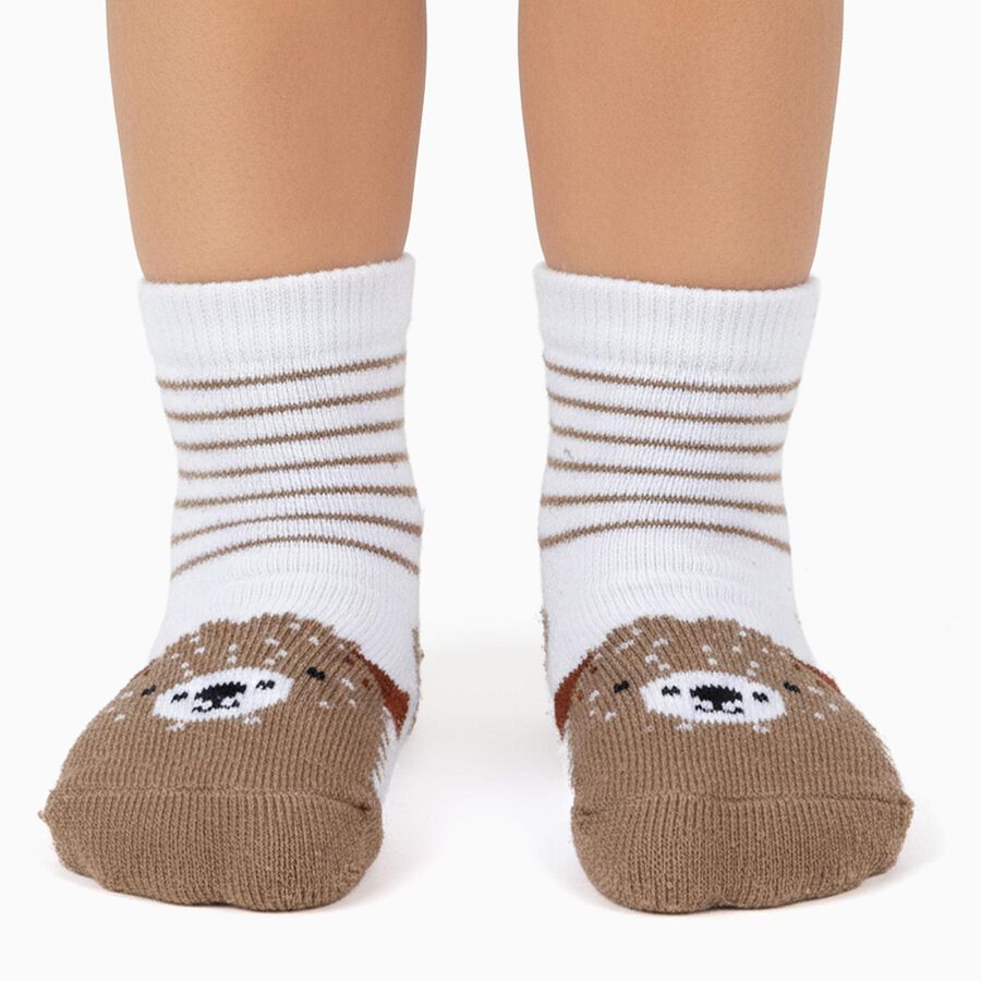 Infants White and Brown Regular Fit Animal and Stripe Design Pack of 2 Socks, काला, large image number null