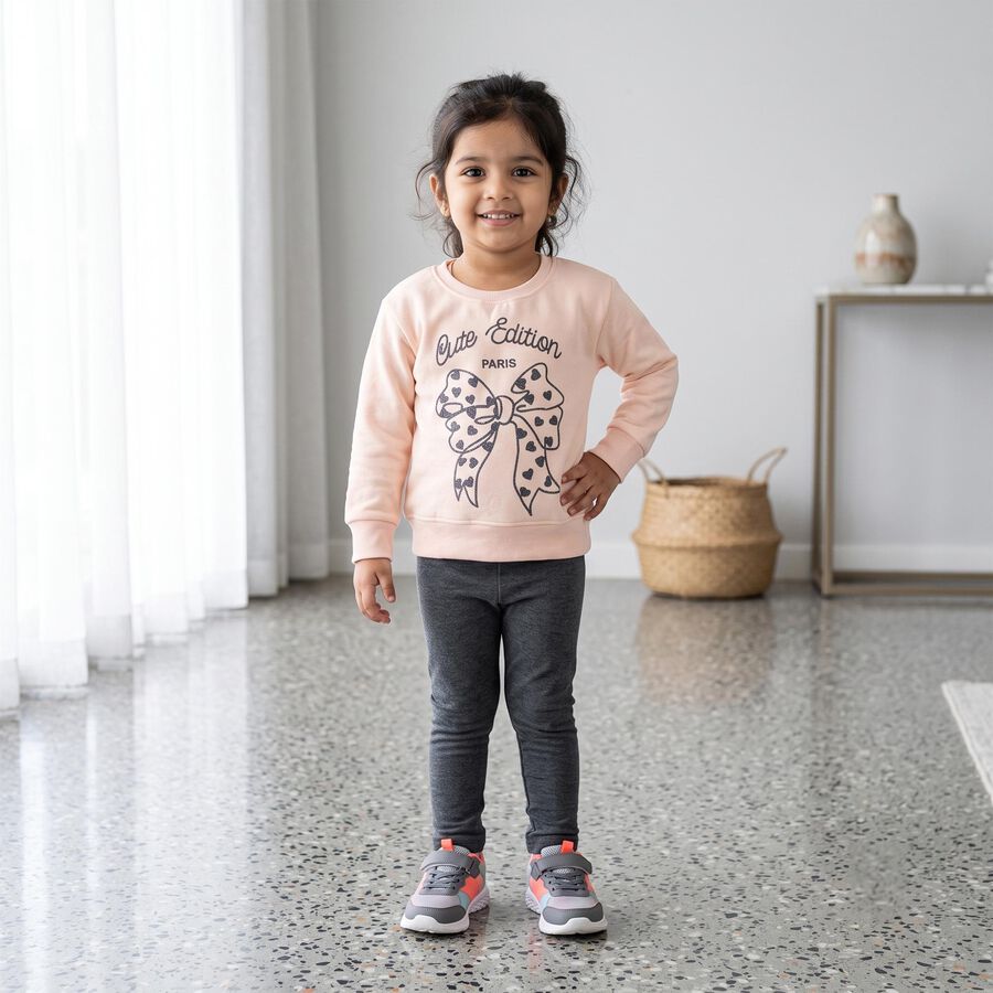 Girls' Pink Crew Neck Graphic Print Sweatshirt, Light Pink, large