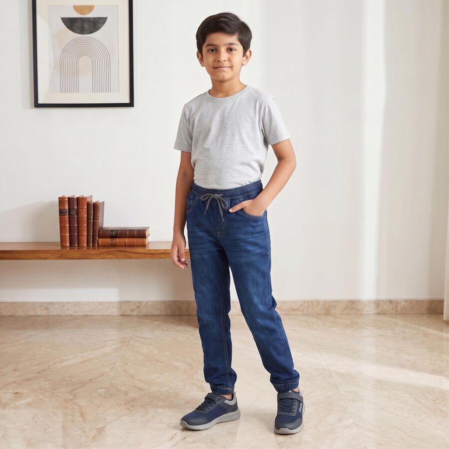 Boys Blue Jogger Fit Washed Jeans, मध्यम नीला, large