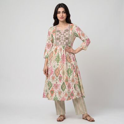 Women's Cream Notch Neck Printed Kurta