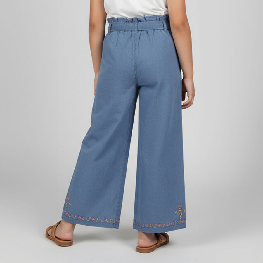 Girls' Dusty Steel Blue Wide-Leg Embroidered Jeans, मध्यम नीला, large image number null