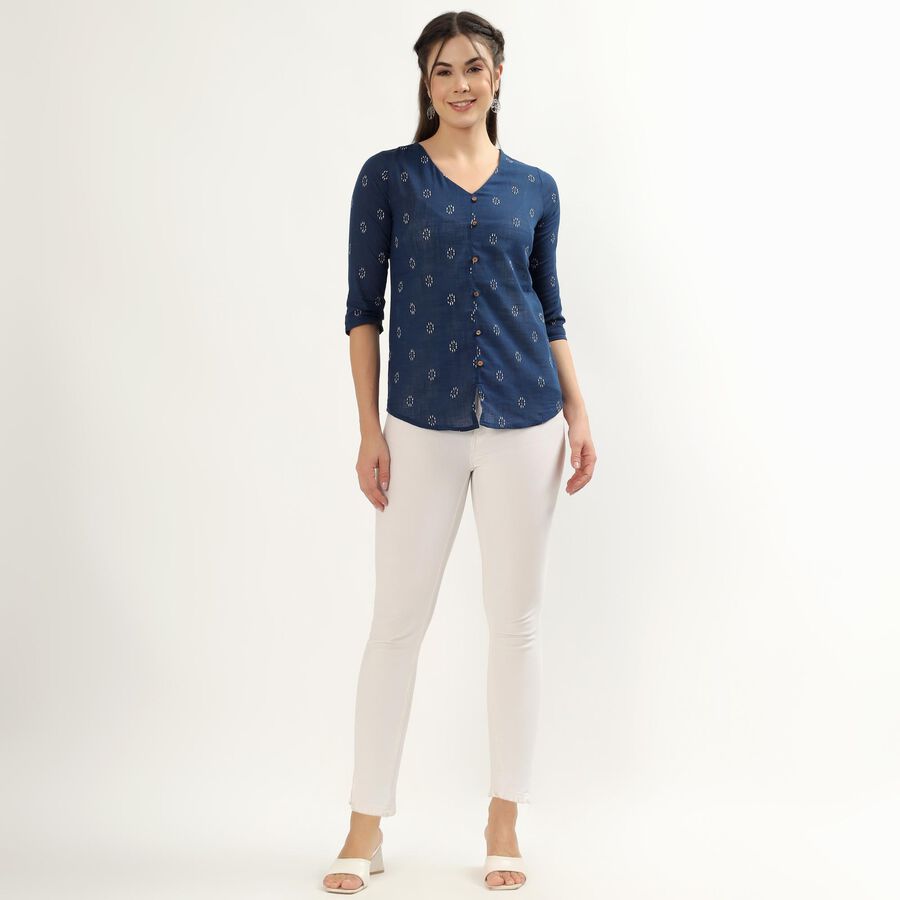 Women's Dark Blue Cotton Notch Neck Floral Printed Kurti, Dark Blue, large