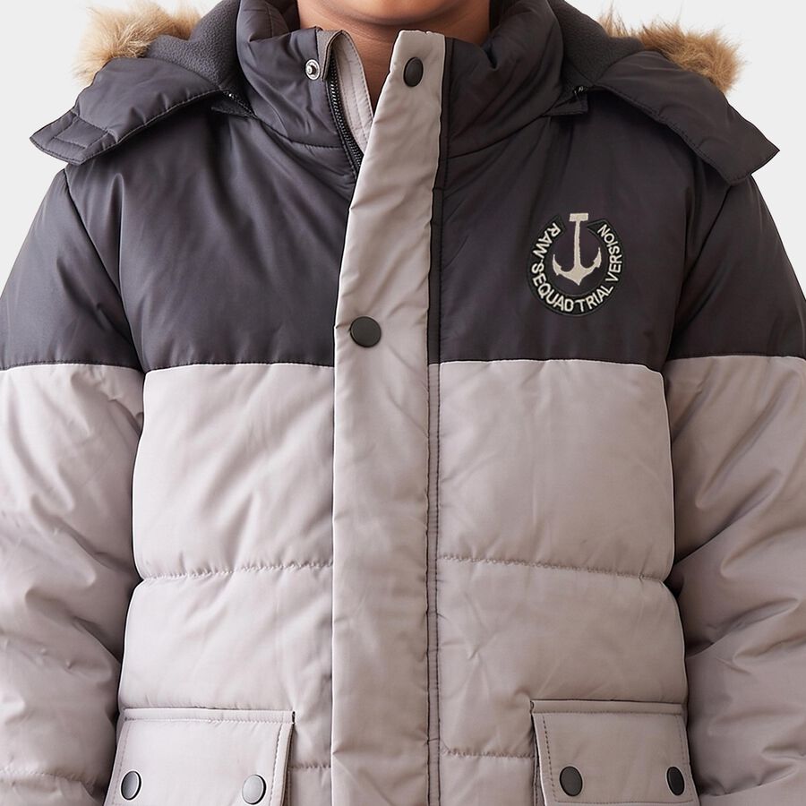 Boys Grey Hooded Puffer Jacket, हल्का ग्रे, large
