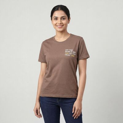 Women's Brown Round Neck Casual T-Shirt