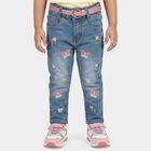 Girls' Light Blue Slim Fit Embroidered Jeans, मध्यम नीला, small