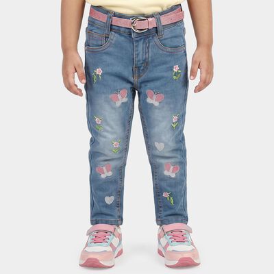 Girls' Light Blue Slim Fit Embroidered Jeans