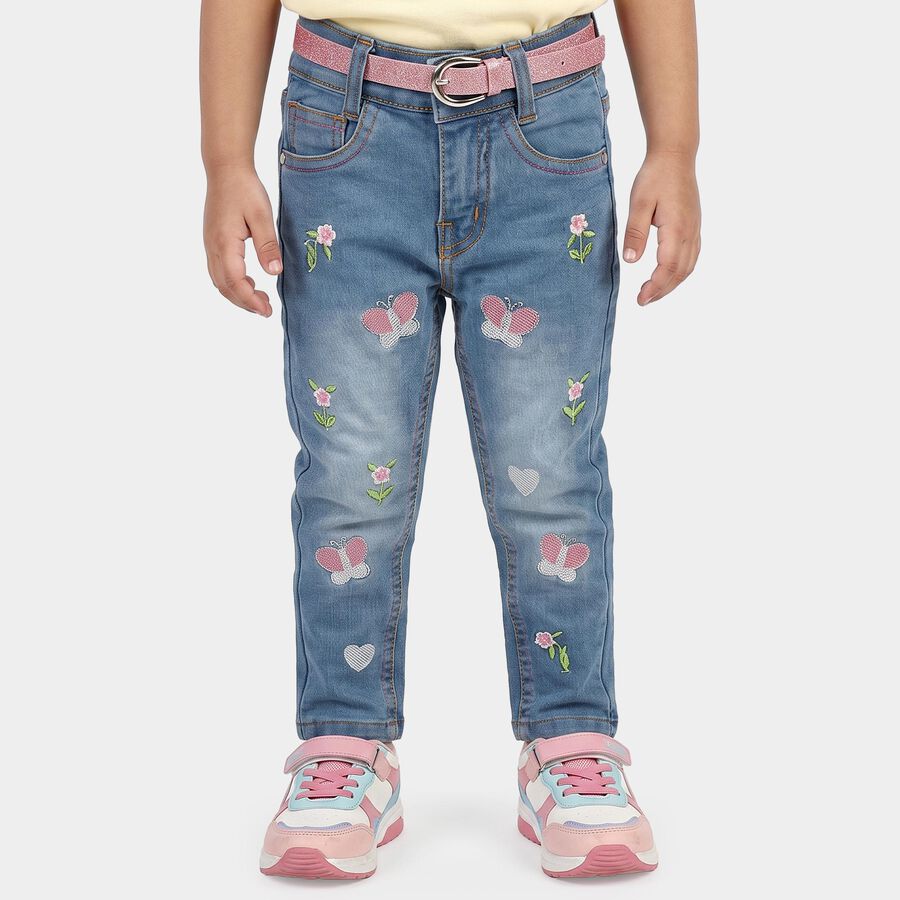 Girls' Light Blue Slim Fit Embroidered Jeans, मध्यम नीला, large