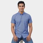Men's Navy Blue Classic Collar Printed Casual Shirt, मध्यम नीला, small
