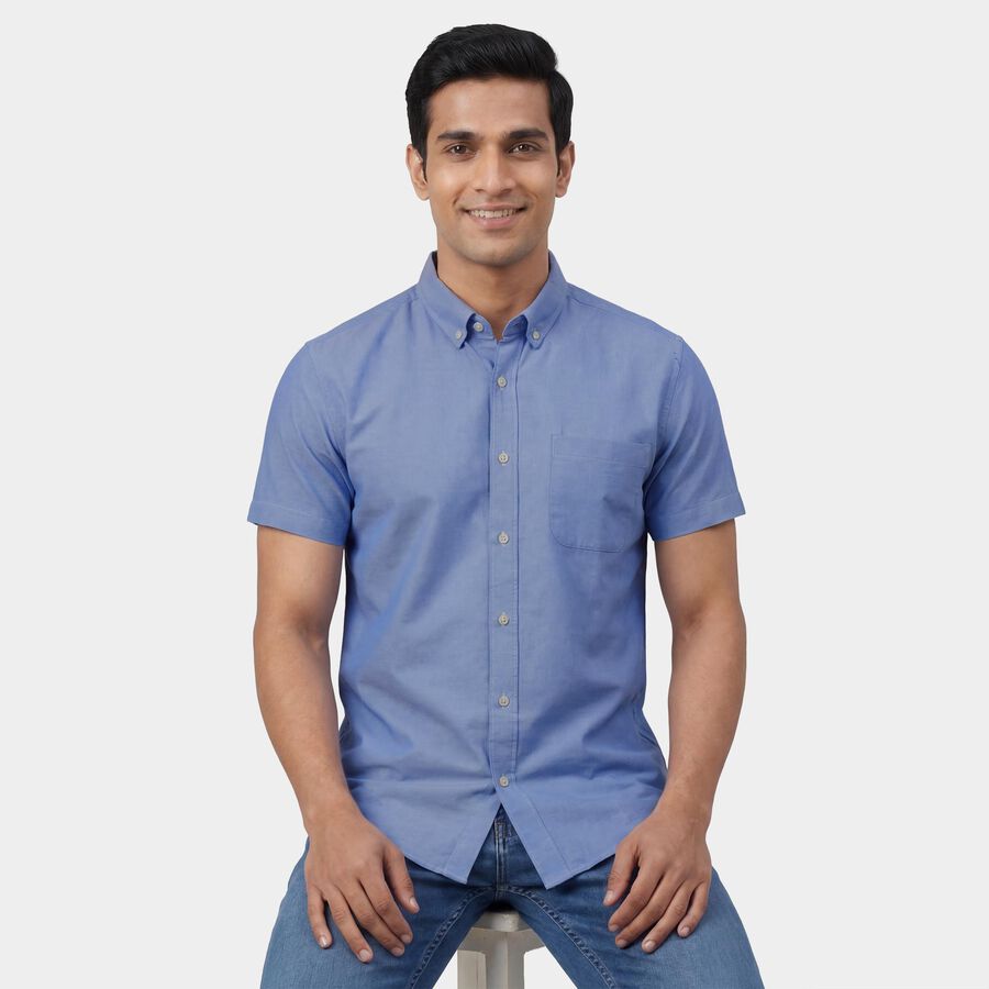 Men's Navy Blue Classic Collar Printed Casual Shirt, मध्यम नीला, large