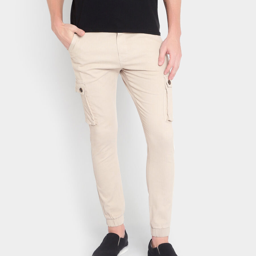 Solid Slim Fit Casual Trousers, Beige, large image number null