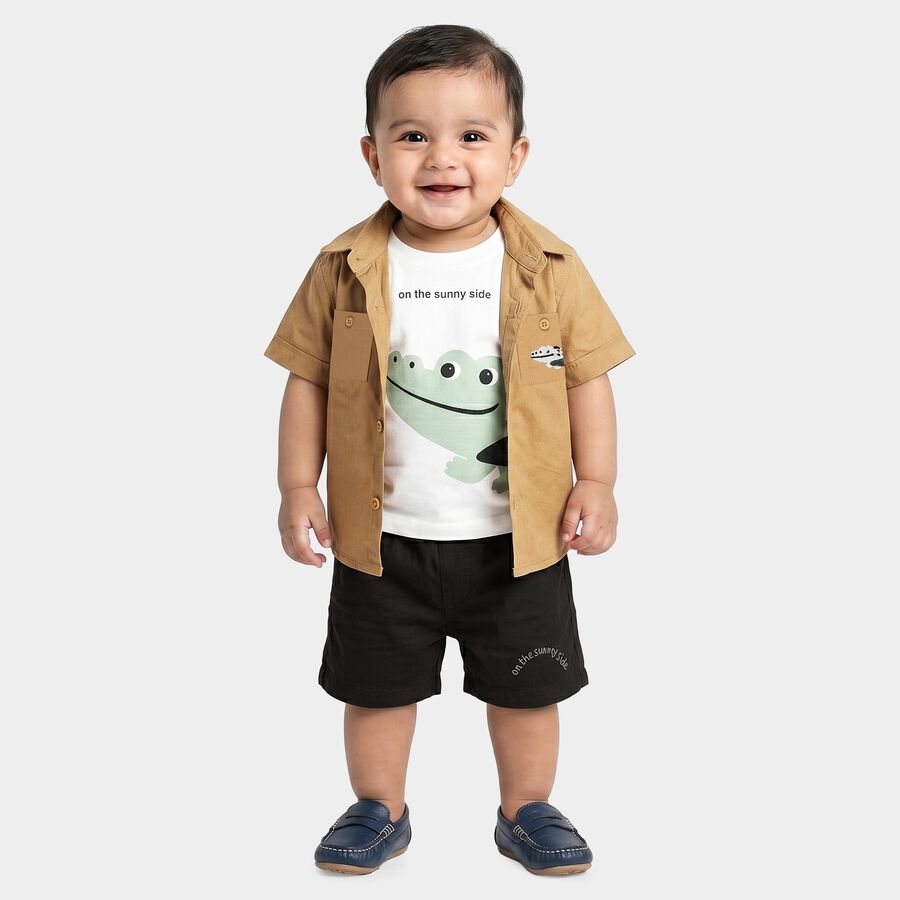 Infants' Beige 100% Cotton Collar Graphic Print Baba Suit, Beige, large