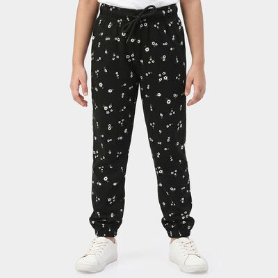 Girls' Black Jogger Floral Printed Cotton Blend Pyjama