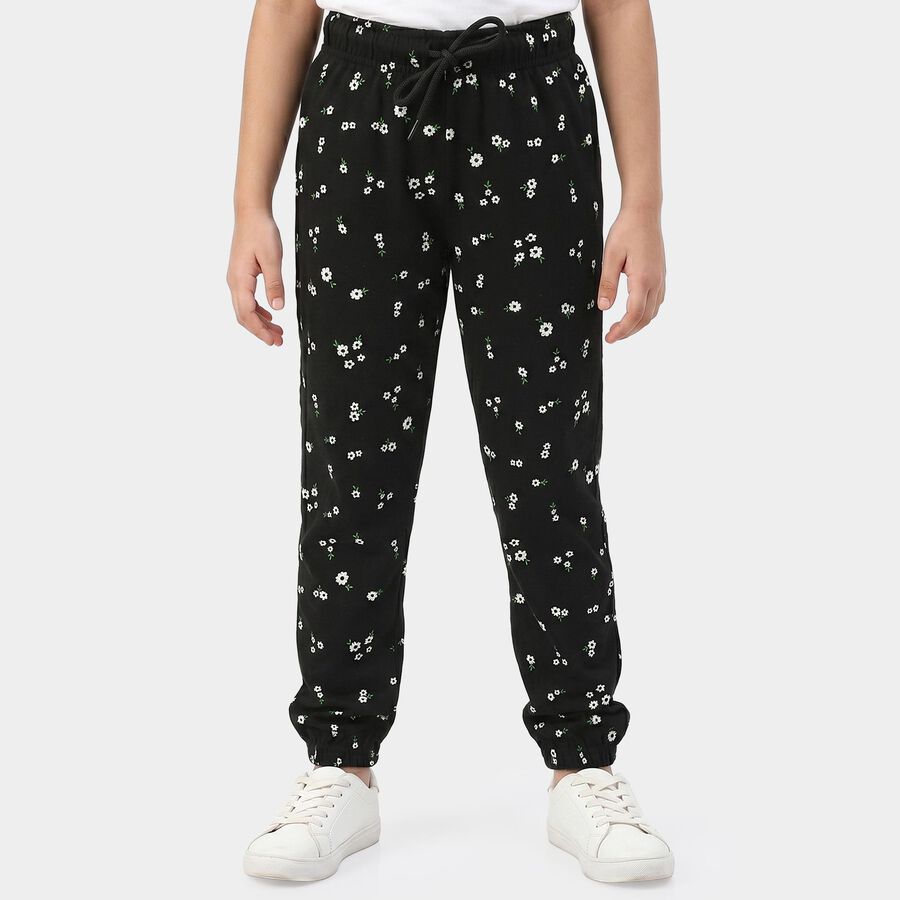 Girls' Black Jogger Floral Printed Cotton Blend Pyjama, Black, large