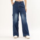 Women's Stonewashed Blue Wide-Leg Cargo Jeans, Dark Blue, small image number null