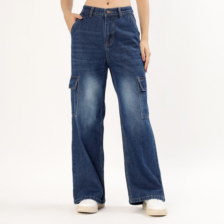 Women's Stonewashed Blue Wide-Leg Cargo Jeans, Dark Blue, large image number null