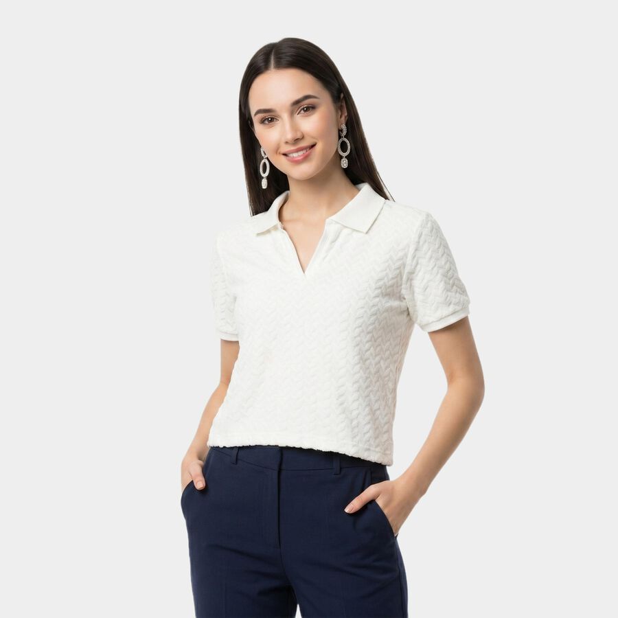 Women's White Polo Neck Polo T-Shirt, ऑफ व्हाइट, large