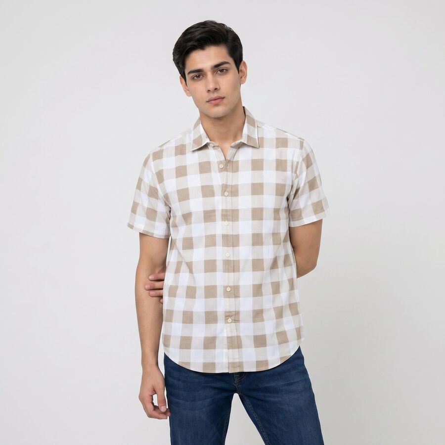 Men's Beige Cotton Short Sleeves Spread Collar Regular Fit Casual Shirt, Beige, large