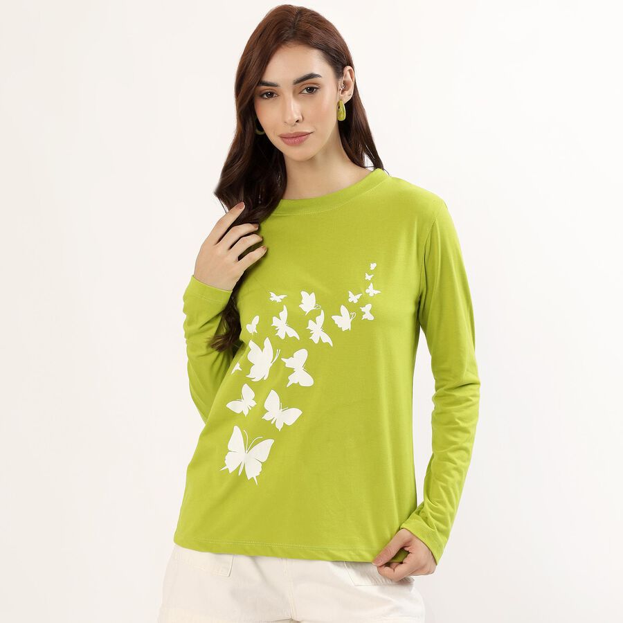 Women's Bright Lime Green Round Neck Casual Top, हल्का हरा, large image number null