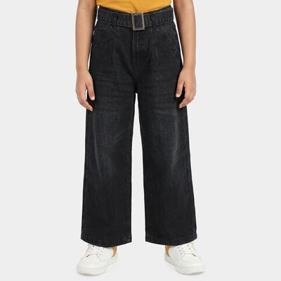 Girls Black Wide Leg Belted Jeans