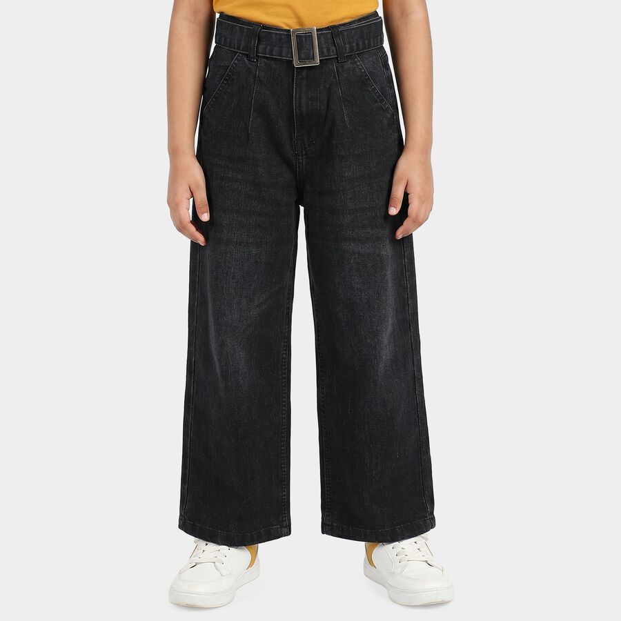 Girls Black Wide Leg Belted Jeans, Black, large