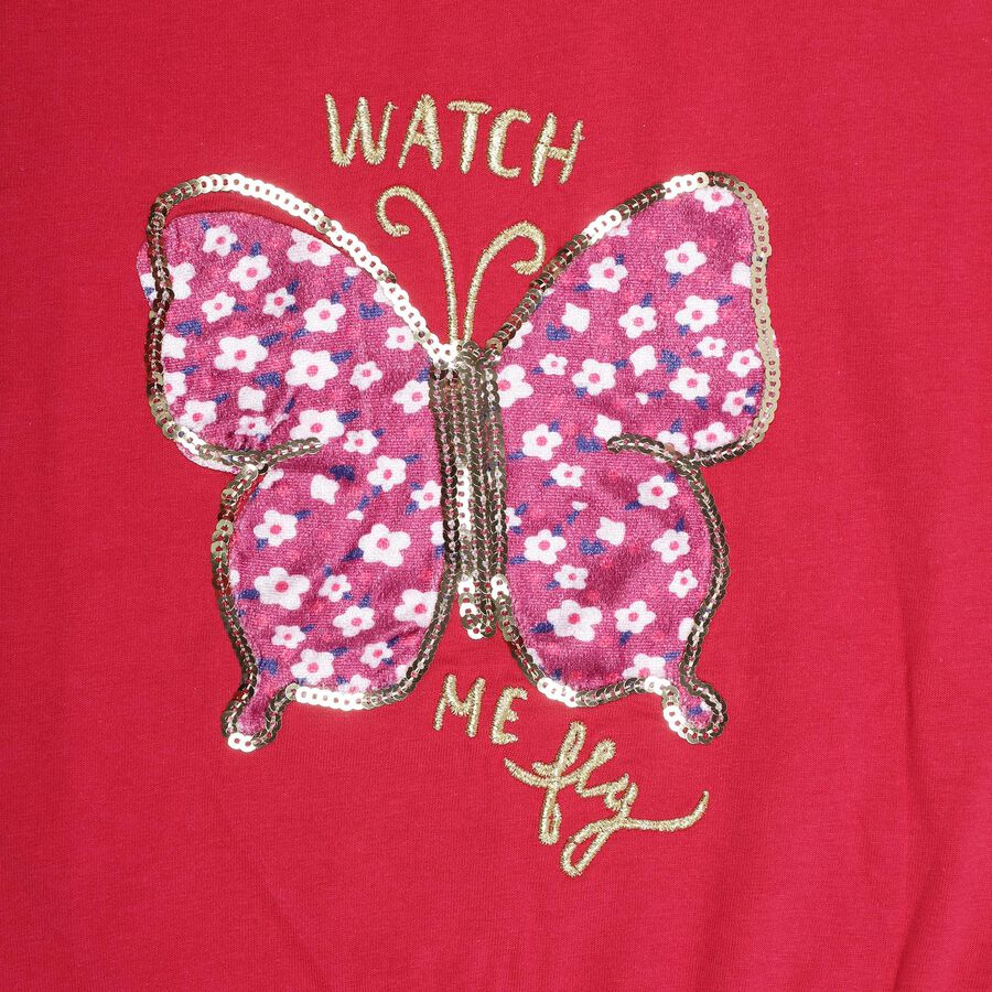 Girls' Vibrant Red Cotton Round Neck Casual T-Shirt, Fuchsia, large image number null