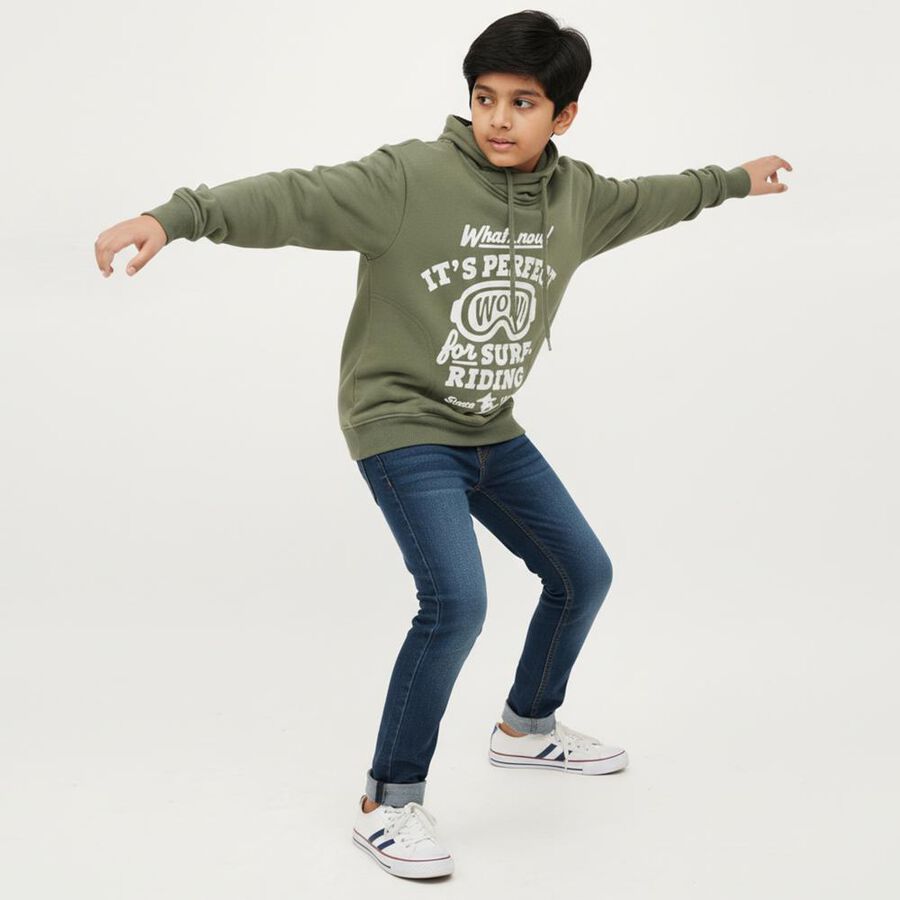 Boys Muted Olive Green Hooded Neck Casual Sweatshirt, ओलिव, large image number null