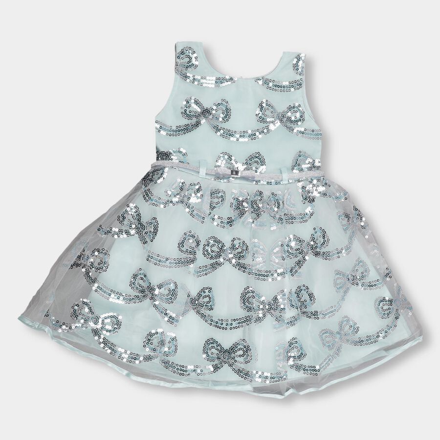 Girls' Light Aqua Sequin Bow Party Wear Frock, Light Blue, large