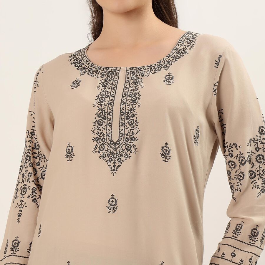 Women's Beige Round Neck Printed Kurta, गहरा पीला, large