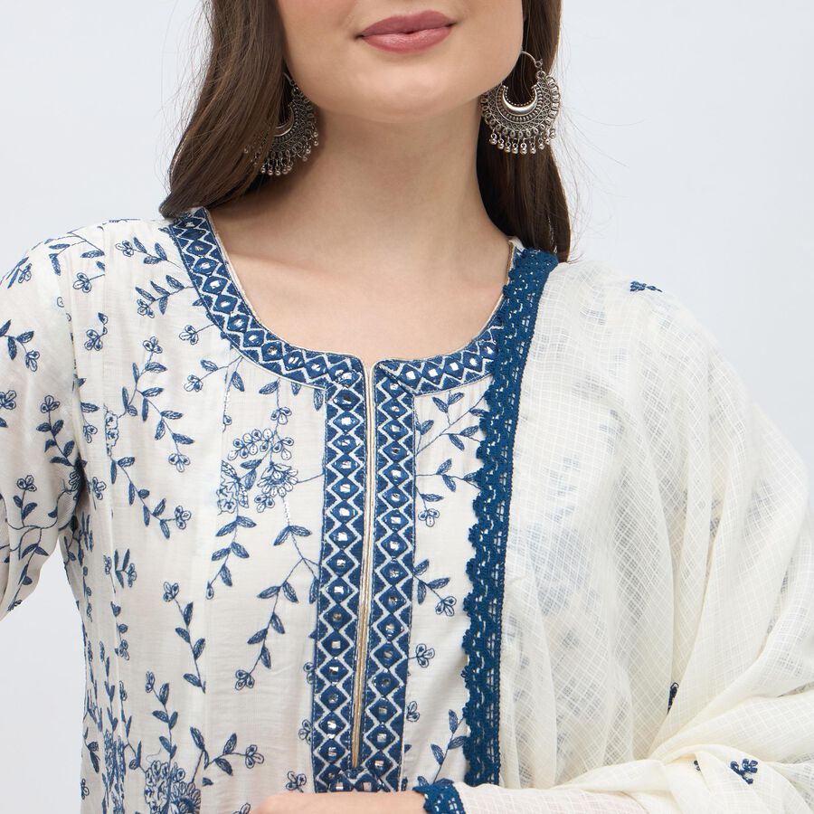Women's Ivory White Round Neck Embroidered Kurta, Mid Blue, large image number null