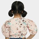 Girls' Peach Round Neck Floral Printed Puff Sleeve T-Shirt, Peach, small