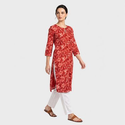 Women's Maroon Round Neck Floral Printed Kurta