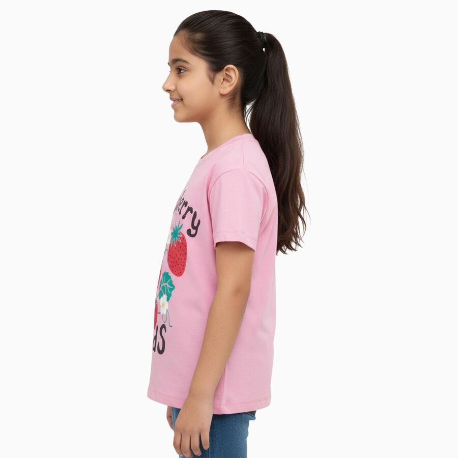 Girls Bright Pink Cotton Round Neck Casual T-Shirt, गुलाबी, large