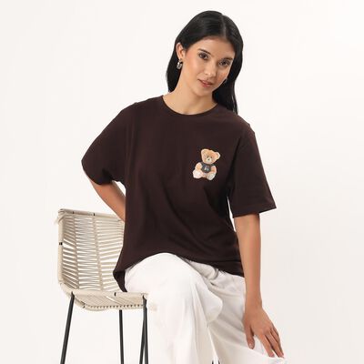 Women's Brown Cotton Round Neck Minimalist T-Shirt