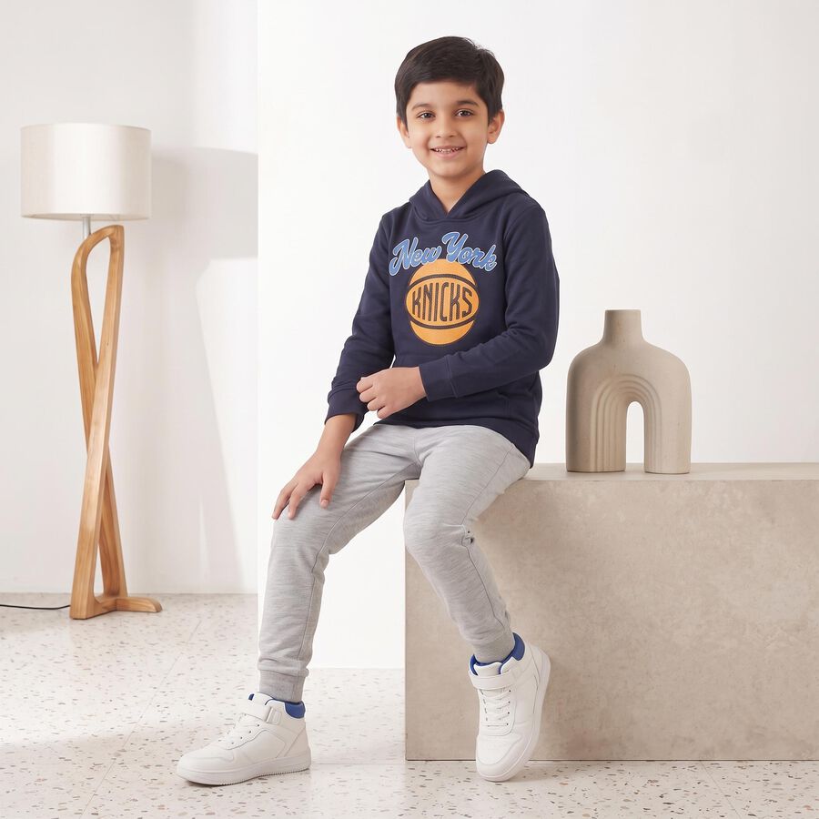 Boys' Navy Blue Hoodie Neck Graphic Sweatshirt, नेवी ब्लू, large