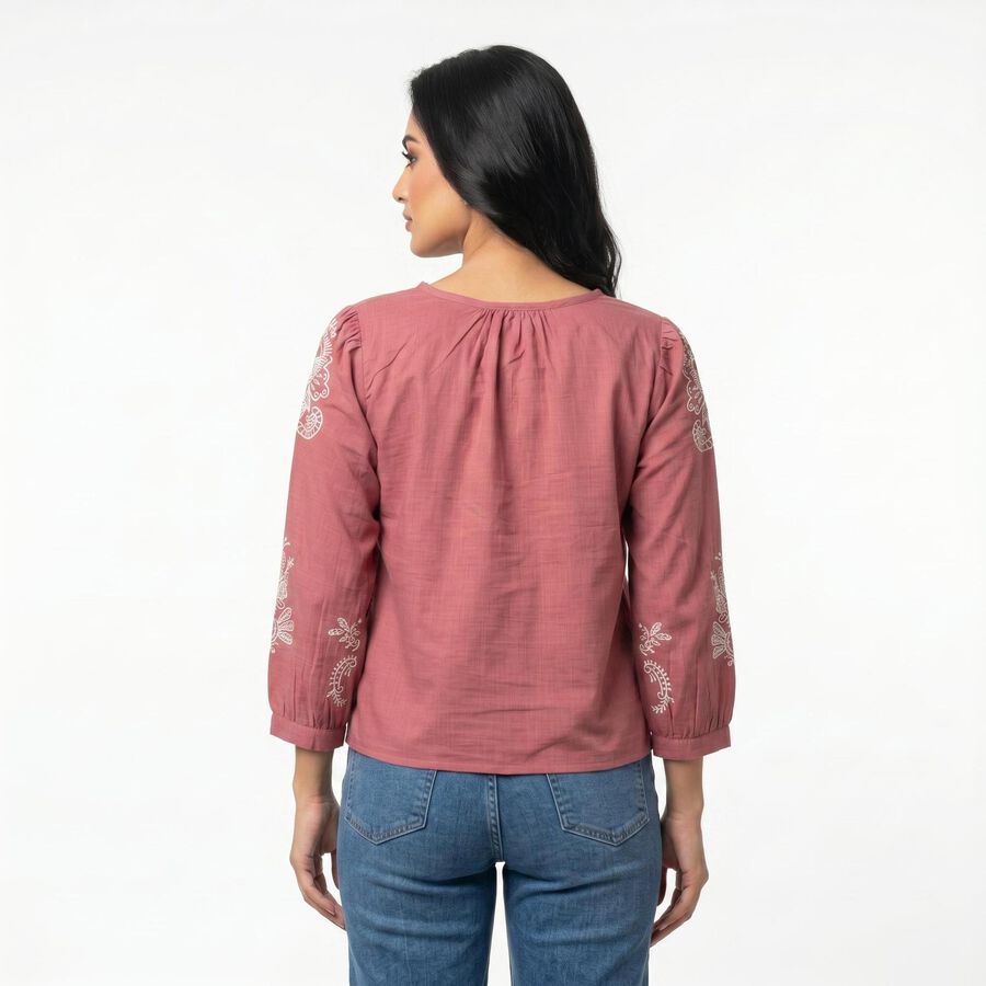 Women's Pink Round Neck Embroidered Crop Top, गुलाबी, large