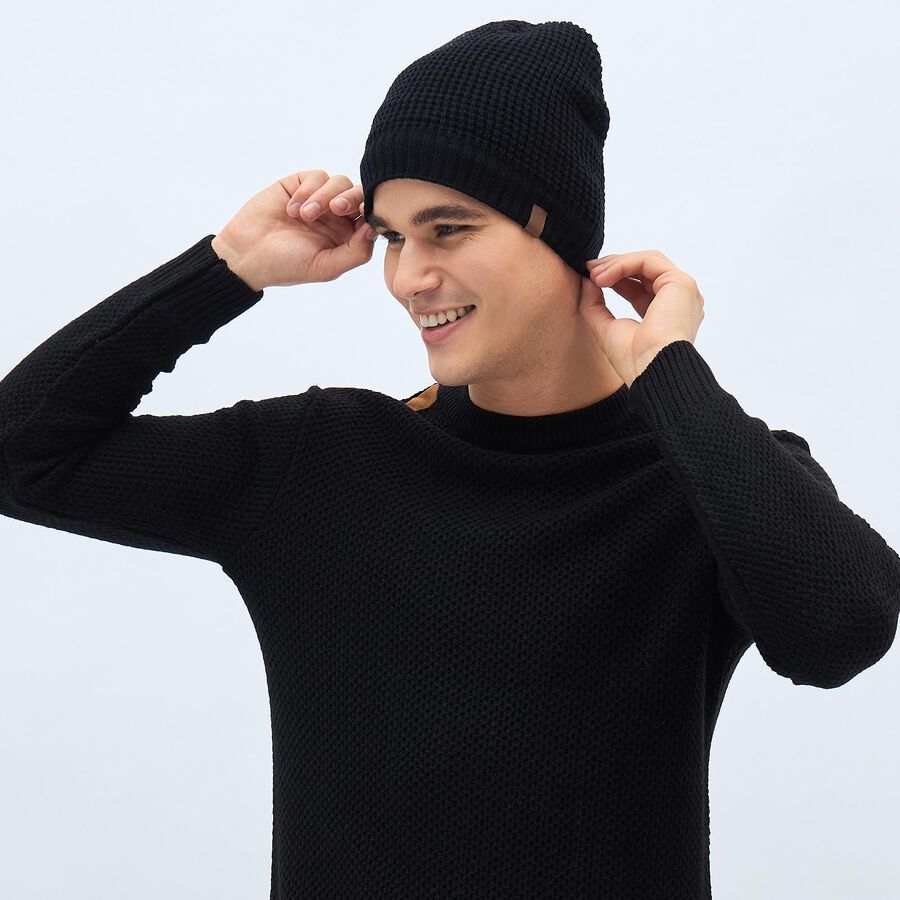 Men's Jet Black Knitted Beanie Cap, काला, large image number null
